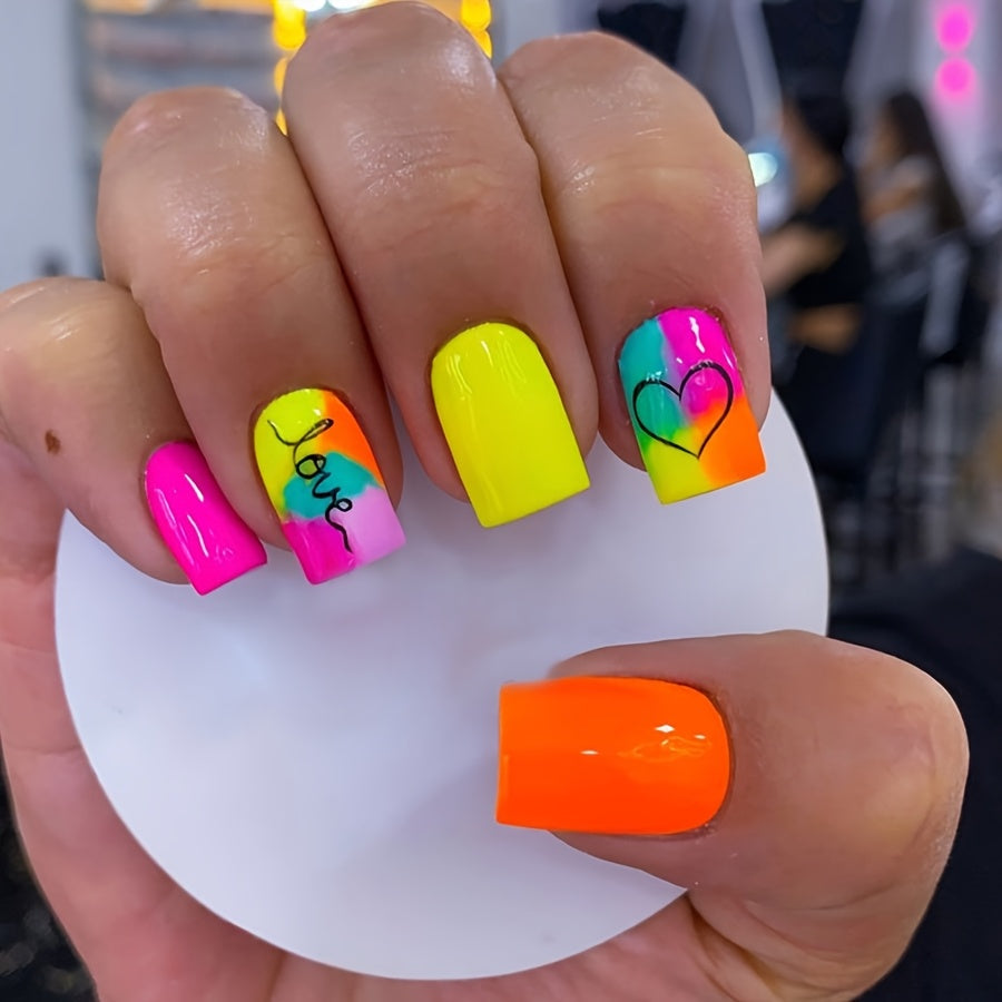 24pcs Vibrant Neon Love Heart Press-On Nails - Short Square, Glossy Finish with Jelly Glue, Nail File & Stick Included - Perfect for Valentine's Day
